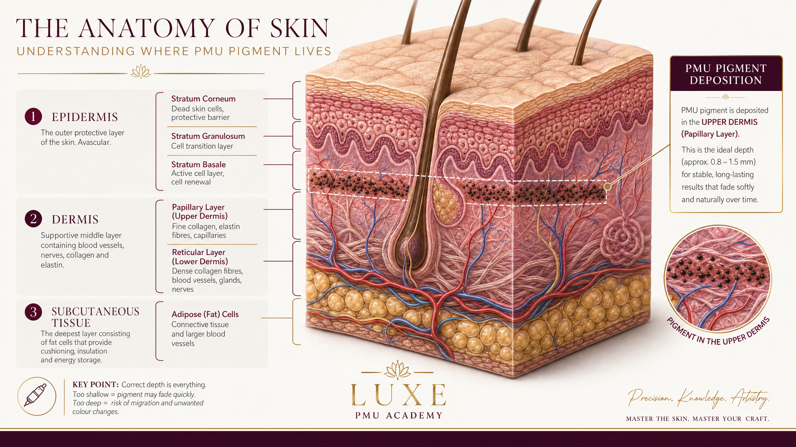 Cross-section diagram of skin layers showing epidermis, dermis, and where PMU pigment is deposited