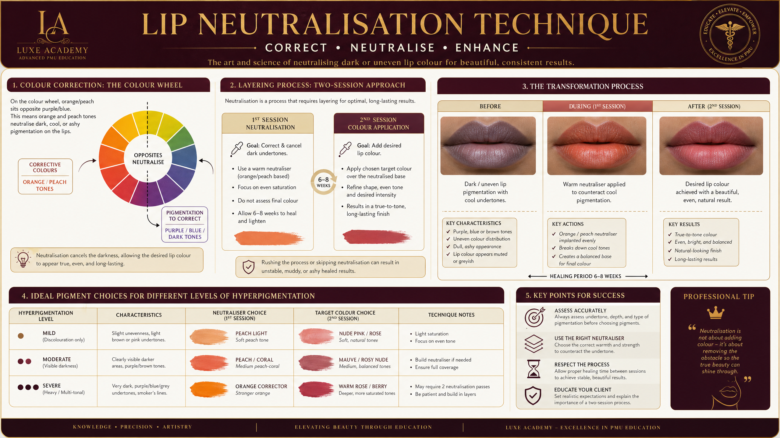Lip neutralisation process showing colour correction from dark to target shade