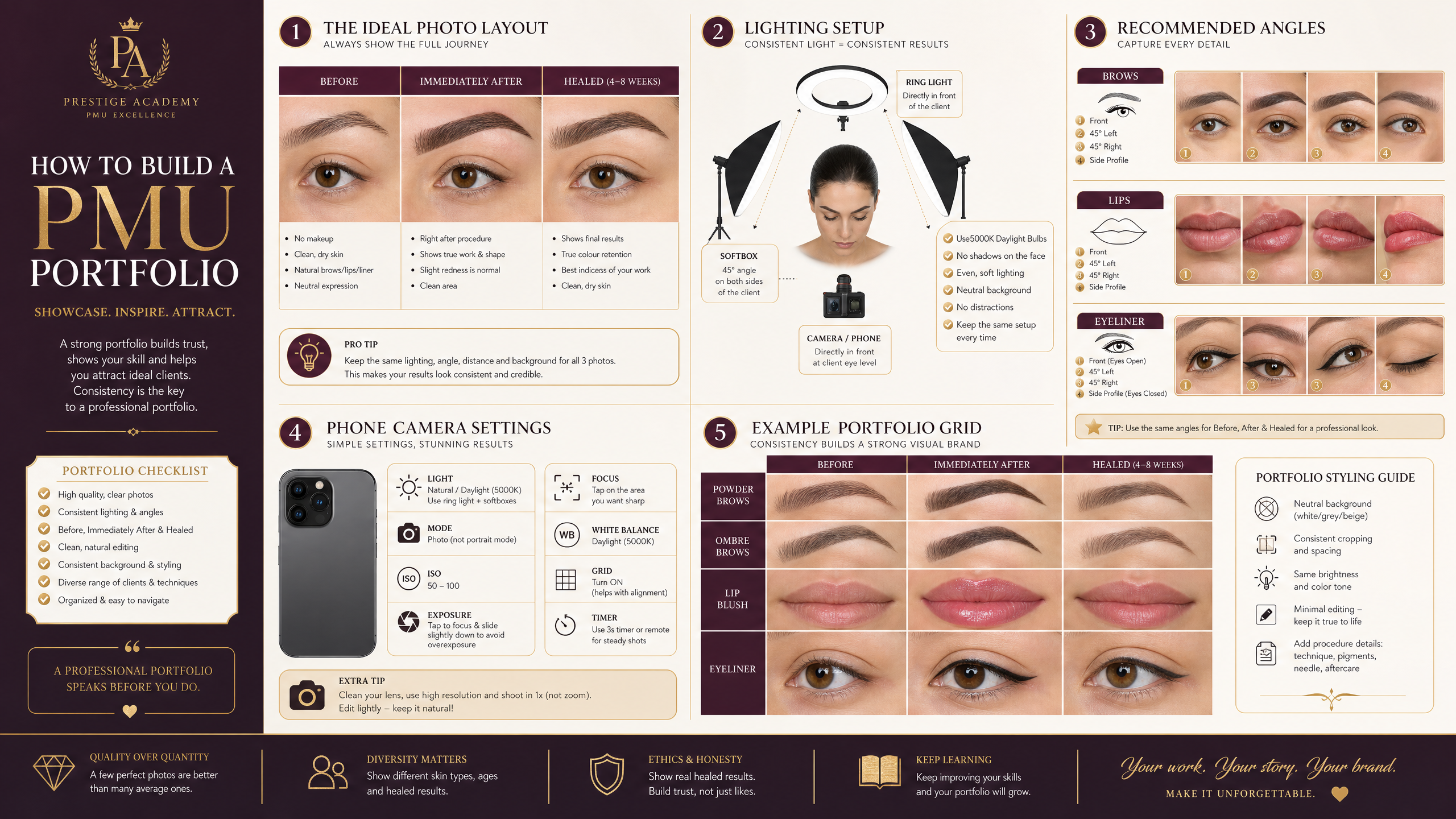 Professional PMU portfolio layout showing ideal photo composition and grid styling