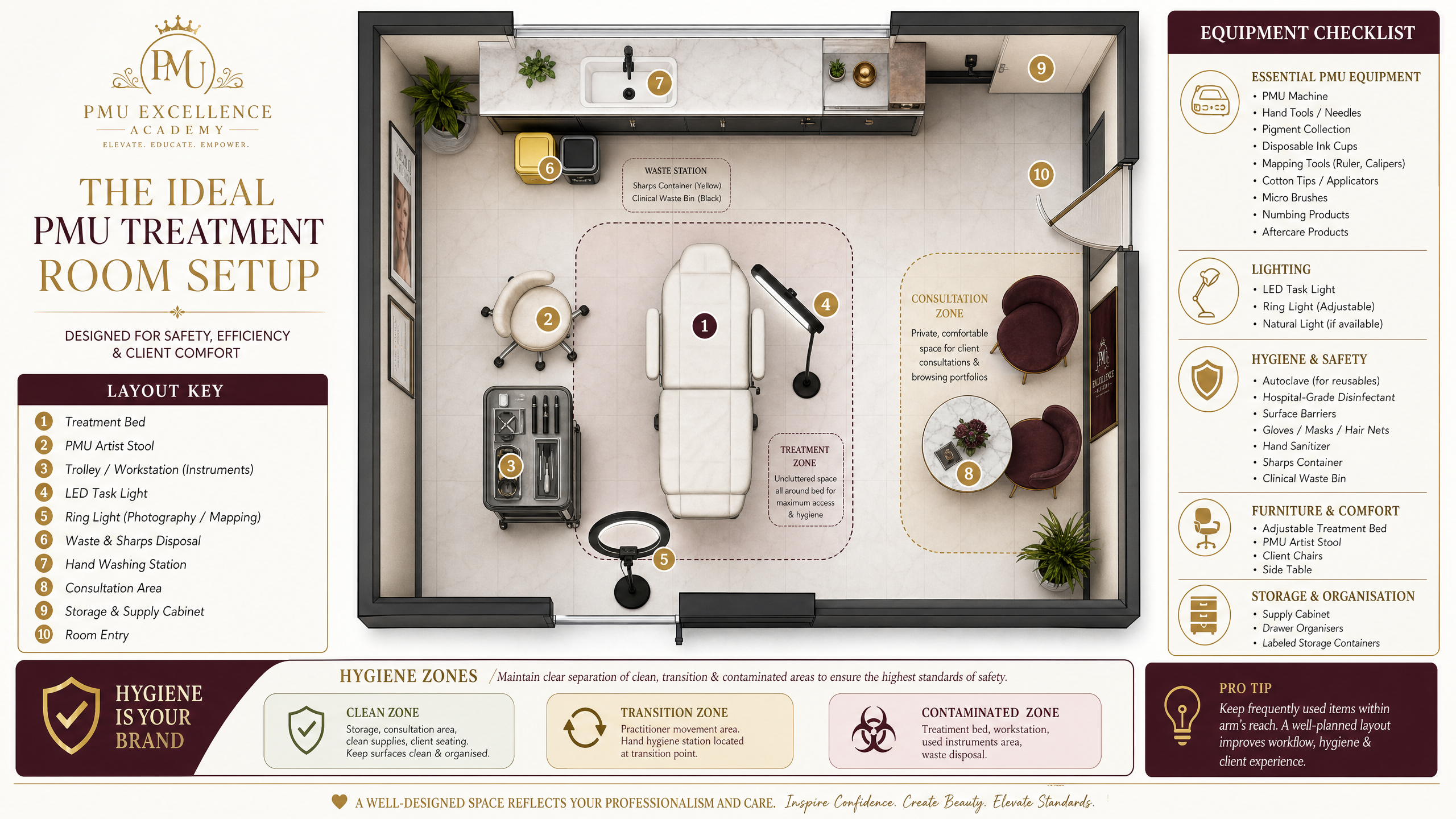 Professional PMU treatment room layout showing equipment placement and hygiene zones