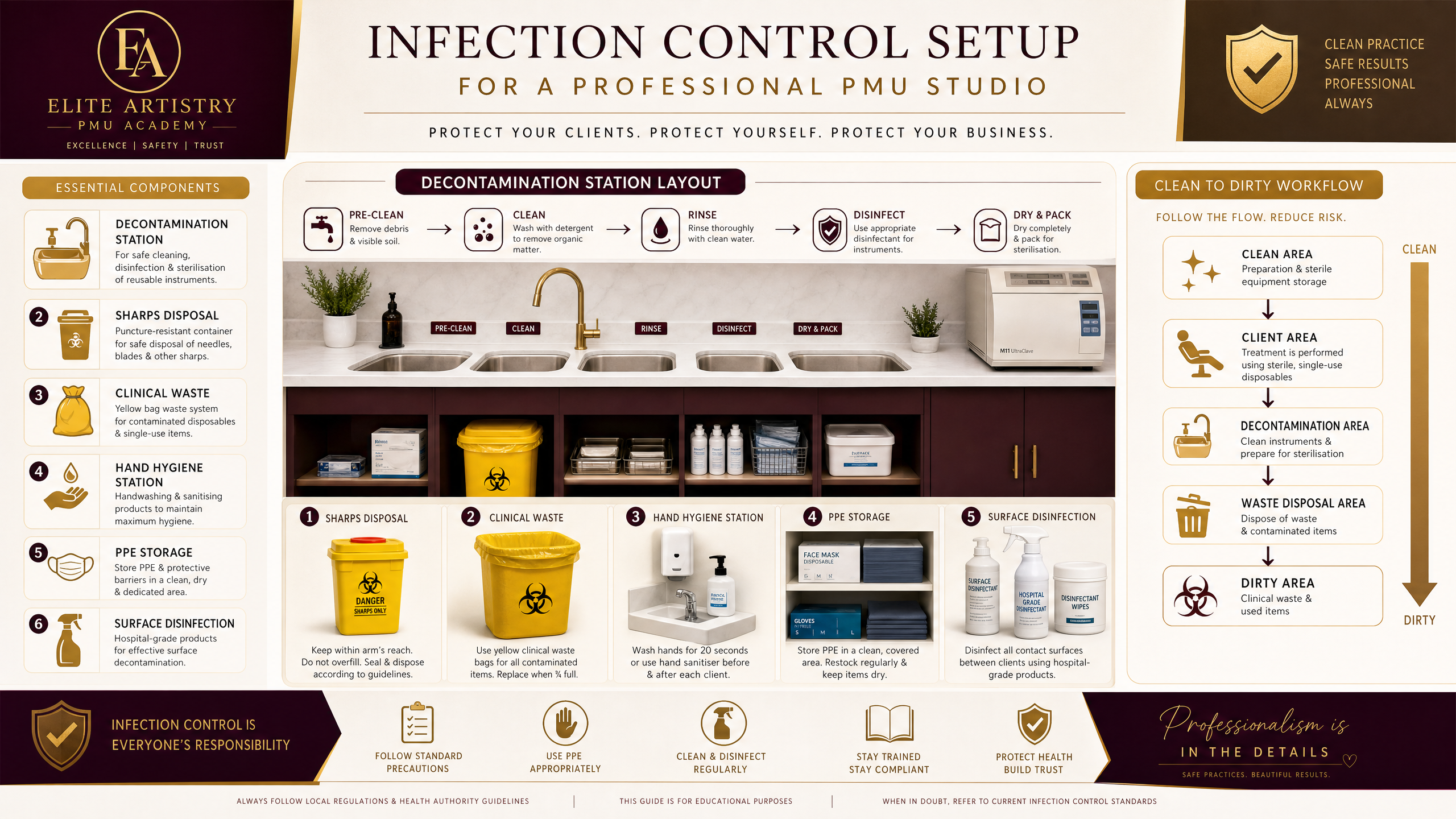 Infection control station setup for PMU studio showing decontamination workflow