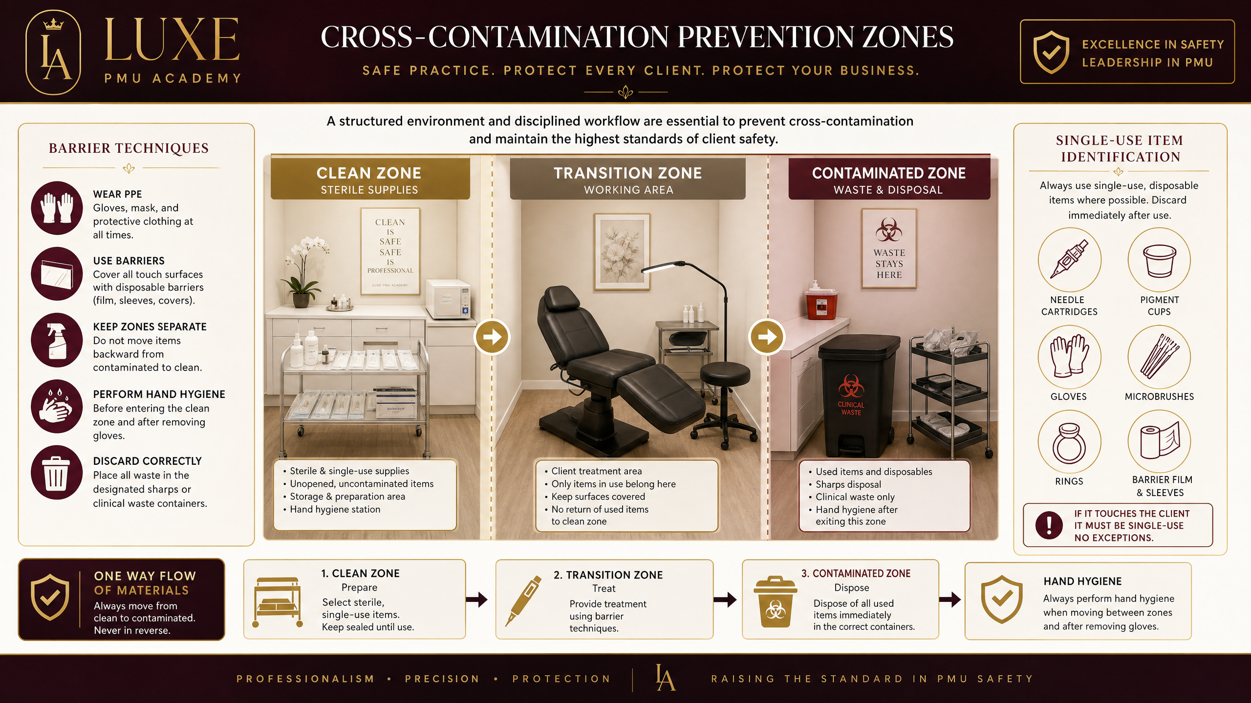 Cross-contamination prevention zones showing clean, transition, and contaminated areas