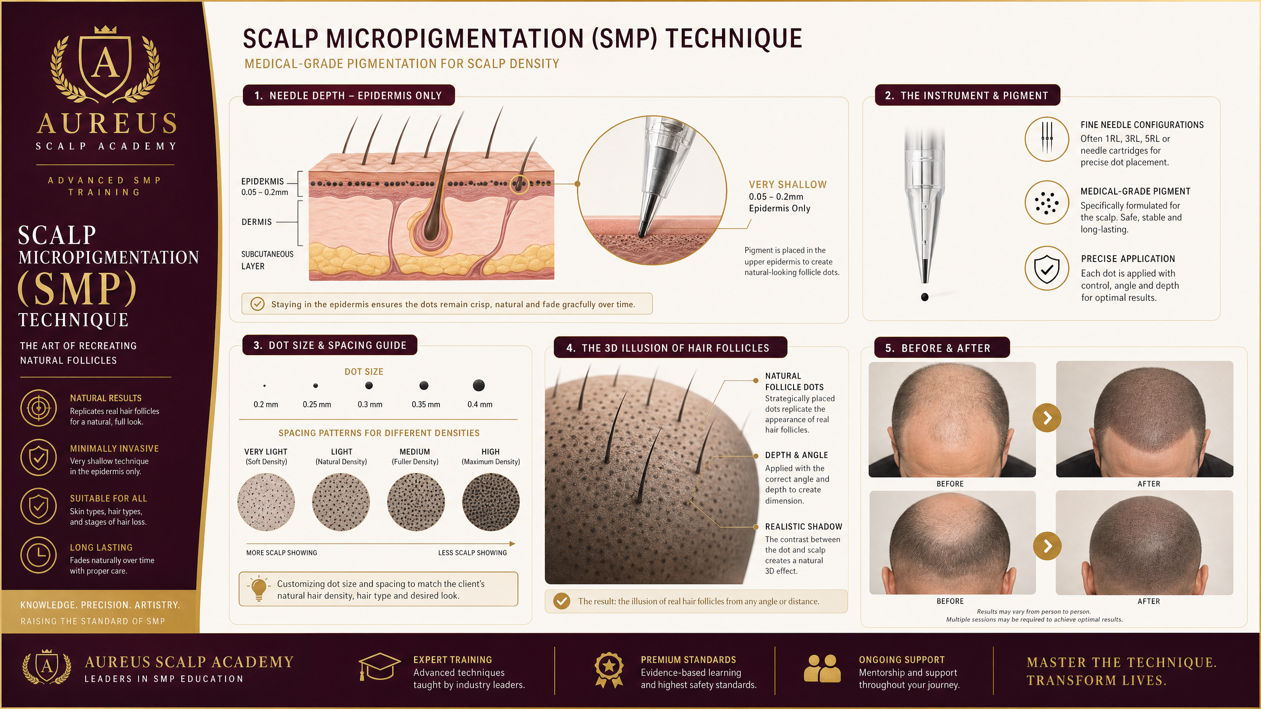 Scalp micropigmentation technique showing hair follicle simulation dot patterns