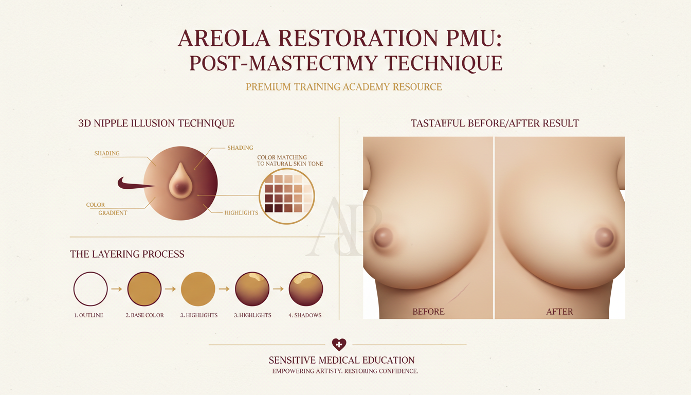 Areola restoration PMU technique showing 3D nipple illusion shading and colour matching